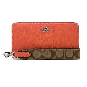 Coach Long Zip Around Wallet With Signature Canvas in Tangerine Leather CK427